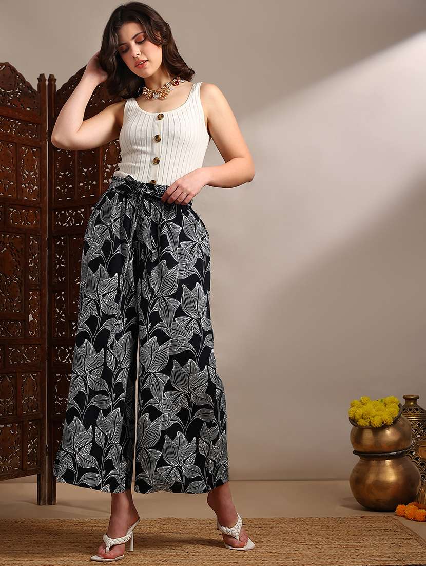 globus women black allover floral printed high-rise belted wide leg trouser - 22182183 -  Standard Image - 4