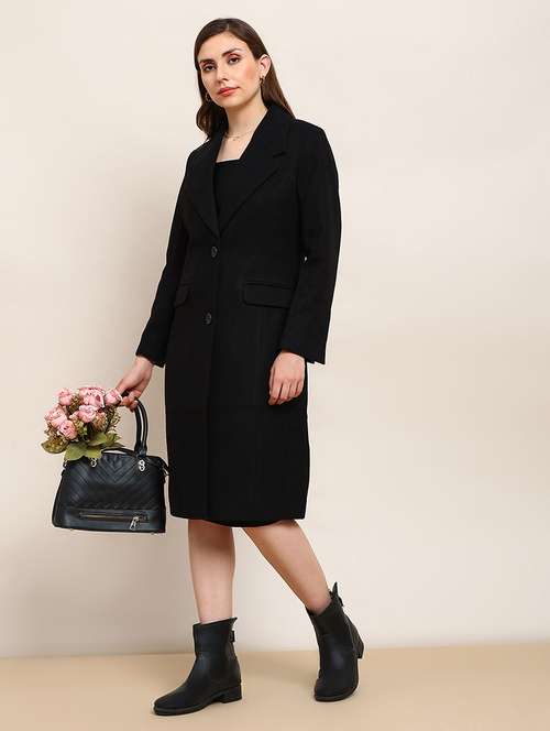 globus women black solid notched lapel long sleeve knee length winterwear overcoat - 22182187 -  Standard Image - 0