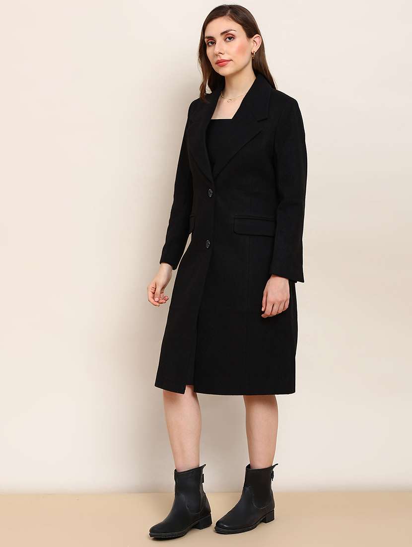 globus women black solid notched lapel long sleeve knee length winterwear overcoat - 22182187 -  Standard Image - 1