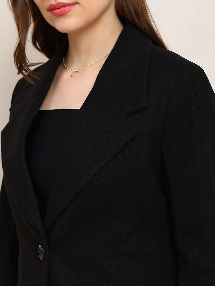 globus women black solid notched lapel long sleeve knee length winterwear overcoat - 22182187 -  Standard Image - 4