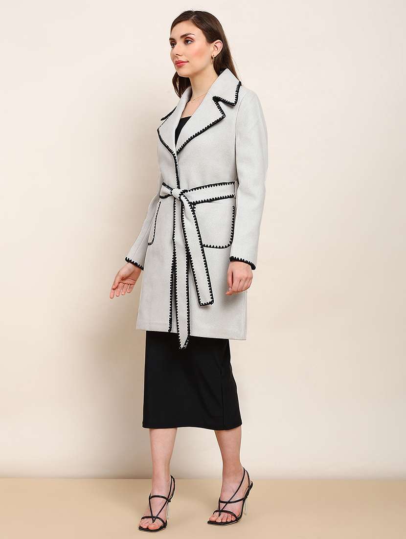 globus women beige solid notched lapel embriodered detail long sleeves knee length belted winterwear overcoat - 22182189 -  Standard Image - 1