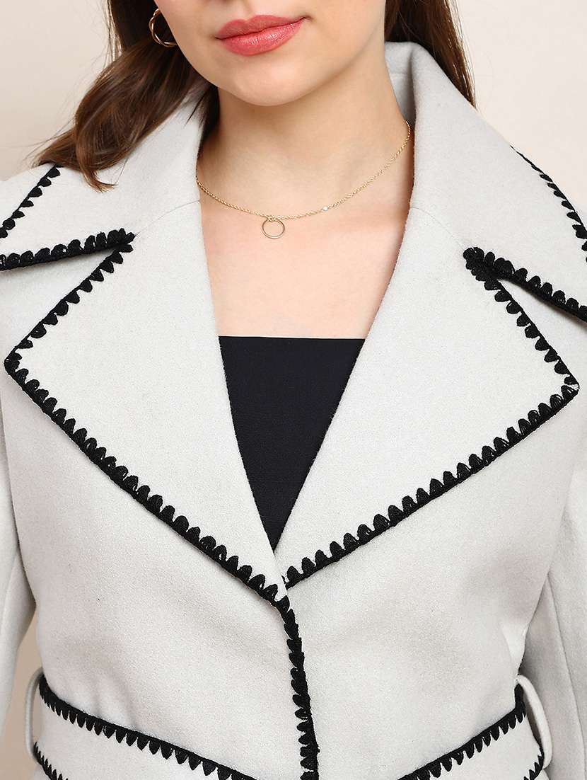 globus women beige solid notched lapel embriodered detail long sleeves knee length belted winterwear overcoat - 22182189 -  Standard Image - 4