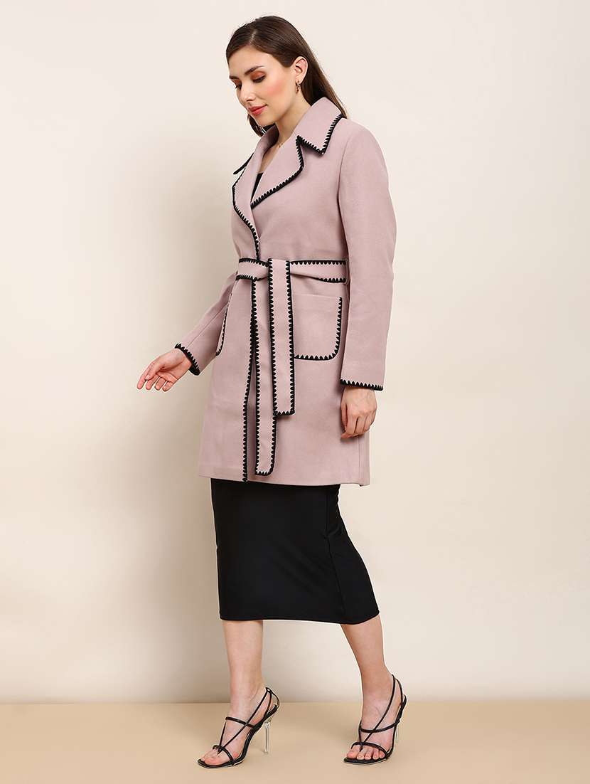 globus women pink solid notched lapel embriodered detail long sleeves knee length belted winterwear overcoat - 22182190 -  Standard Image - 1