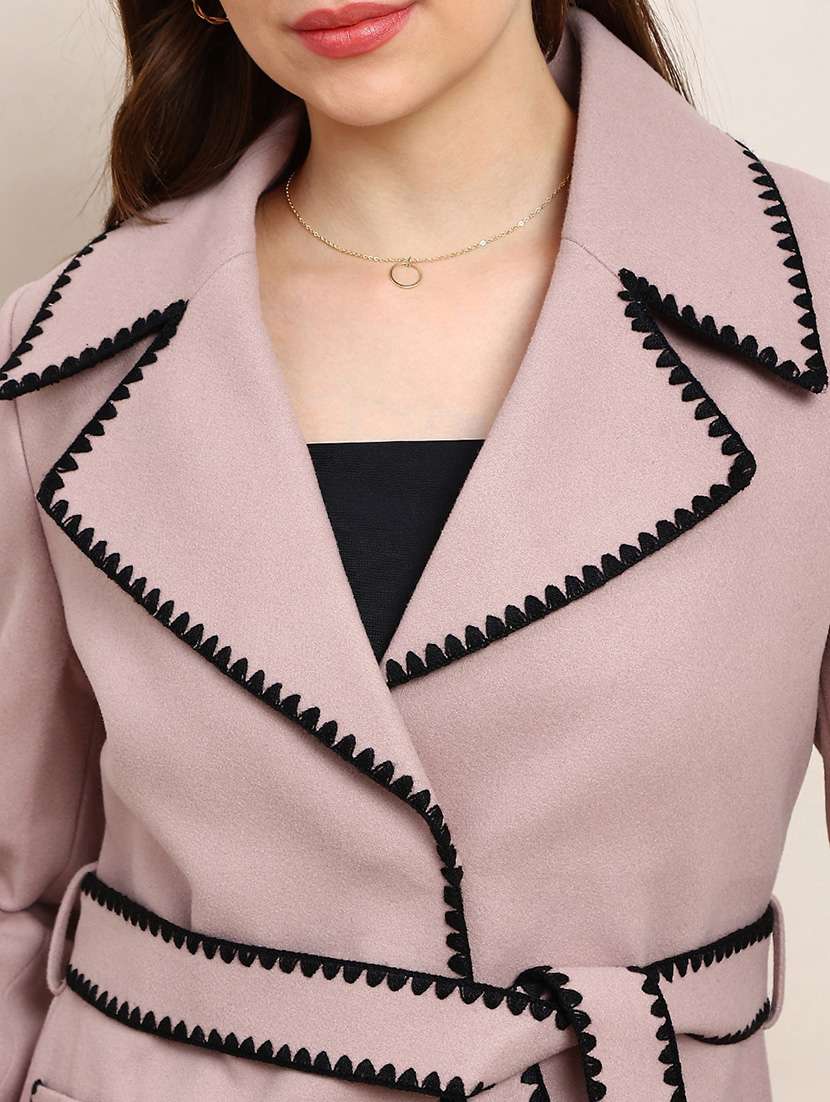 globus women pink solid notched lapel embriodered detail long sleeves knee length belted winterwear overcoat - 22182190 -  Standard Image - 4