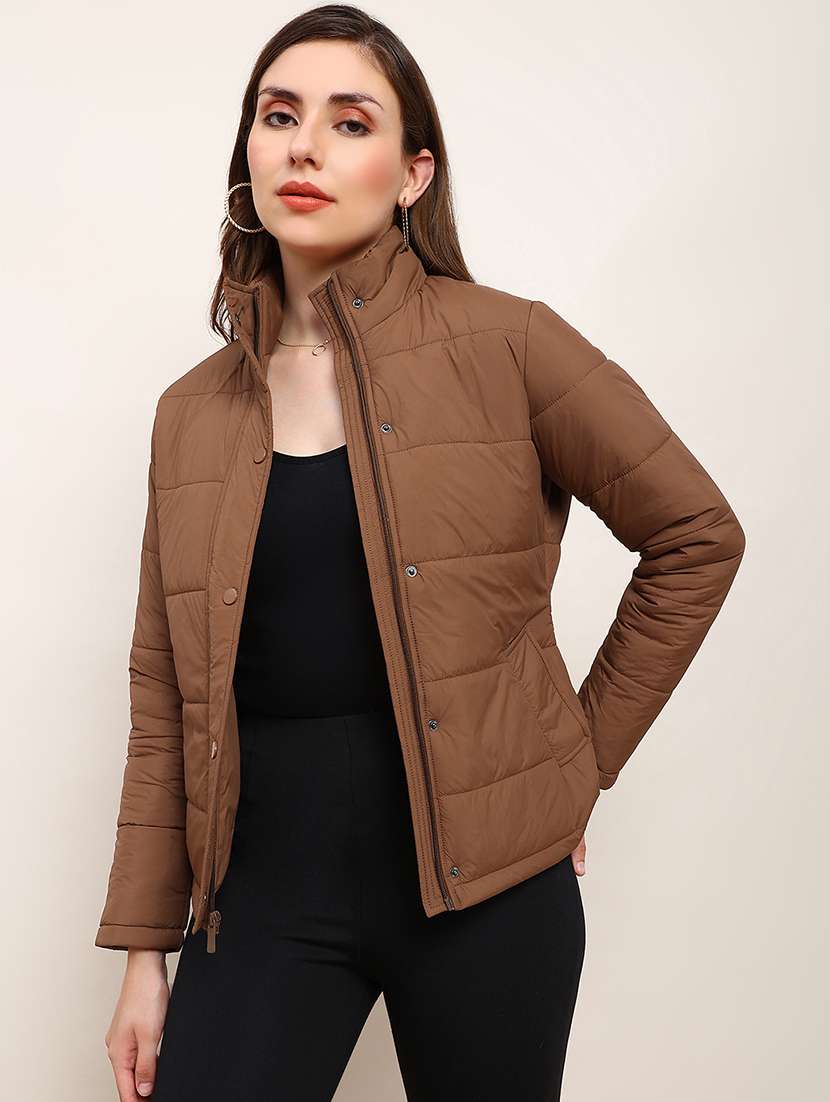 globus women brown mock neck 2 pockets detail winter wear insulator puffer jacket - 22182194 -  Standard Image - 1
