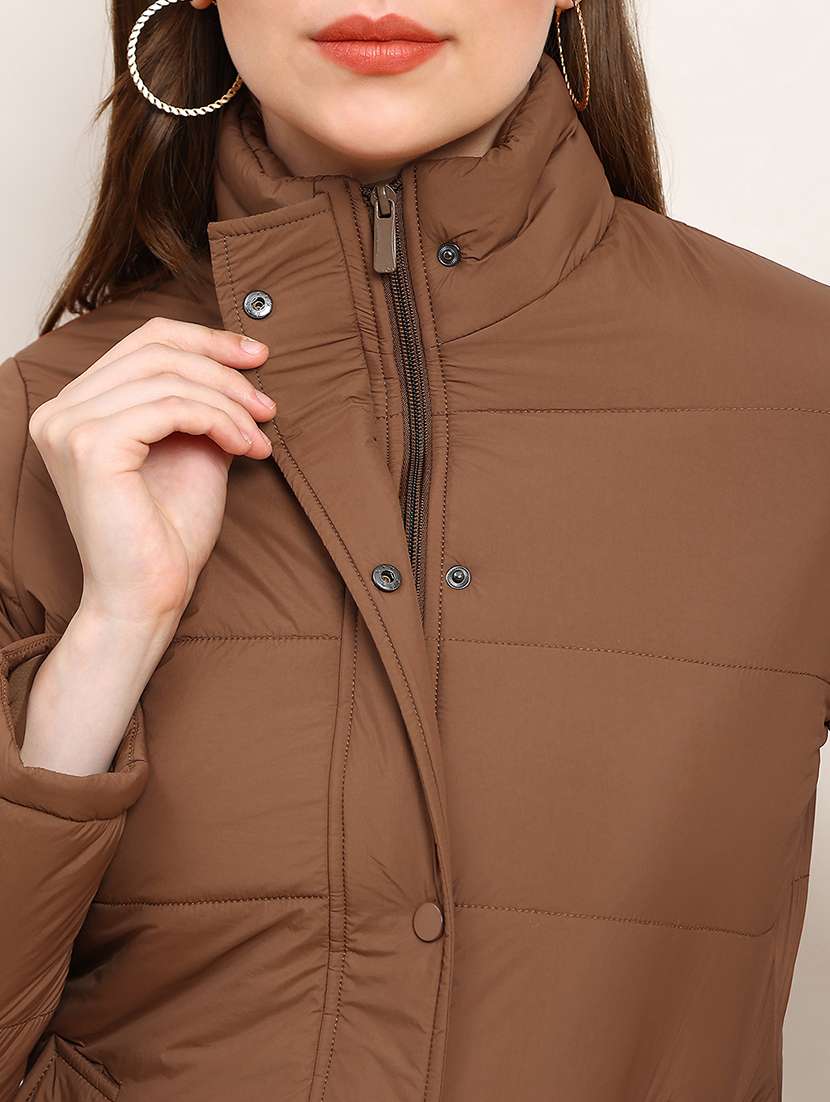 globus women brown mock neck 2 pockets detail winter wear insulator puffer jacket - 22182194 -  Standard Image - 4