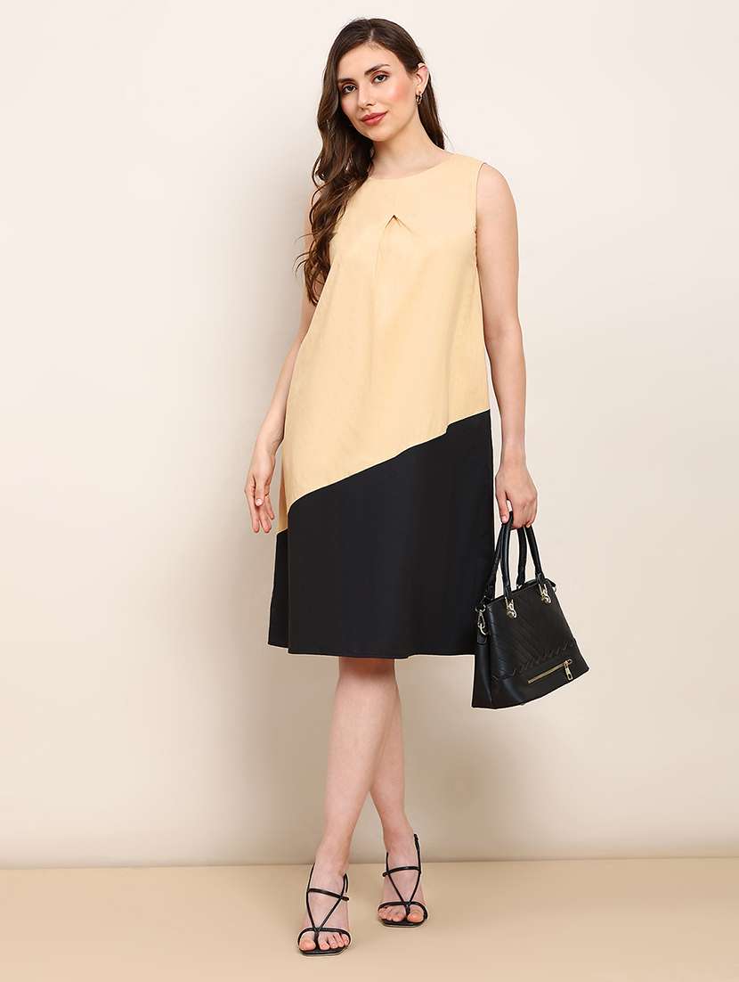globus women beige round neck colorblock pleated a-line dress - 22182195 -  Standard Image - 1