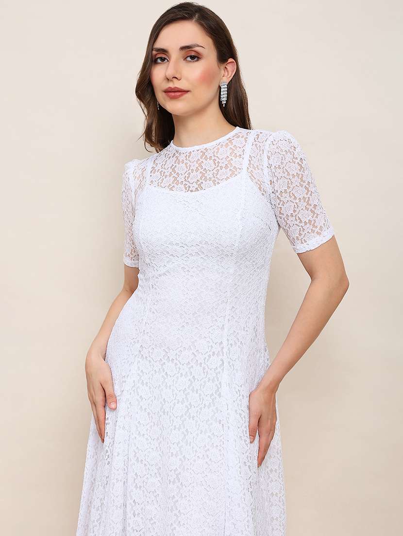 globus women white round neck puff sleeves flared hem panelled floral lace a-line midi party dress - 22182200 -  Standard Image - 4