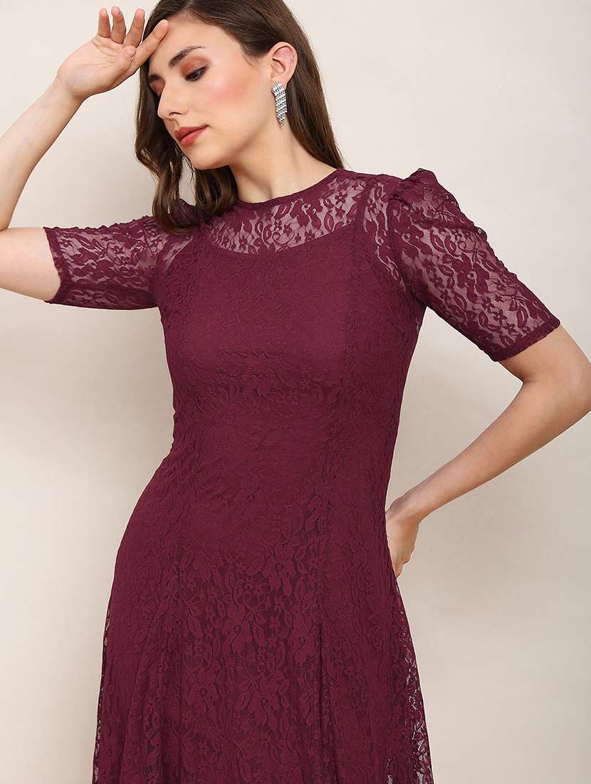 globus women burgundy round neck puff sleeves flared hem panelled floral lace a-line midi party dress - 22182201 -  Standard Image - 4