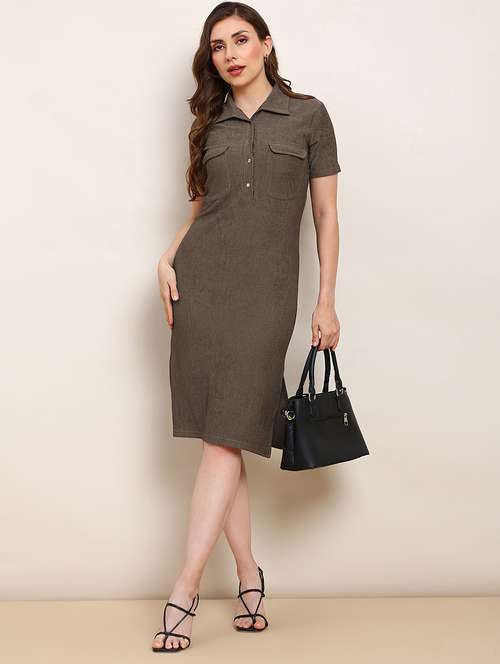 globus women brown collared neck short sleeves self design utility pockets side slits midi workwear shirt dress - 22182202 -  Standard Image - 0
