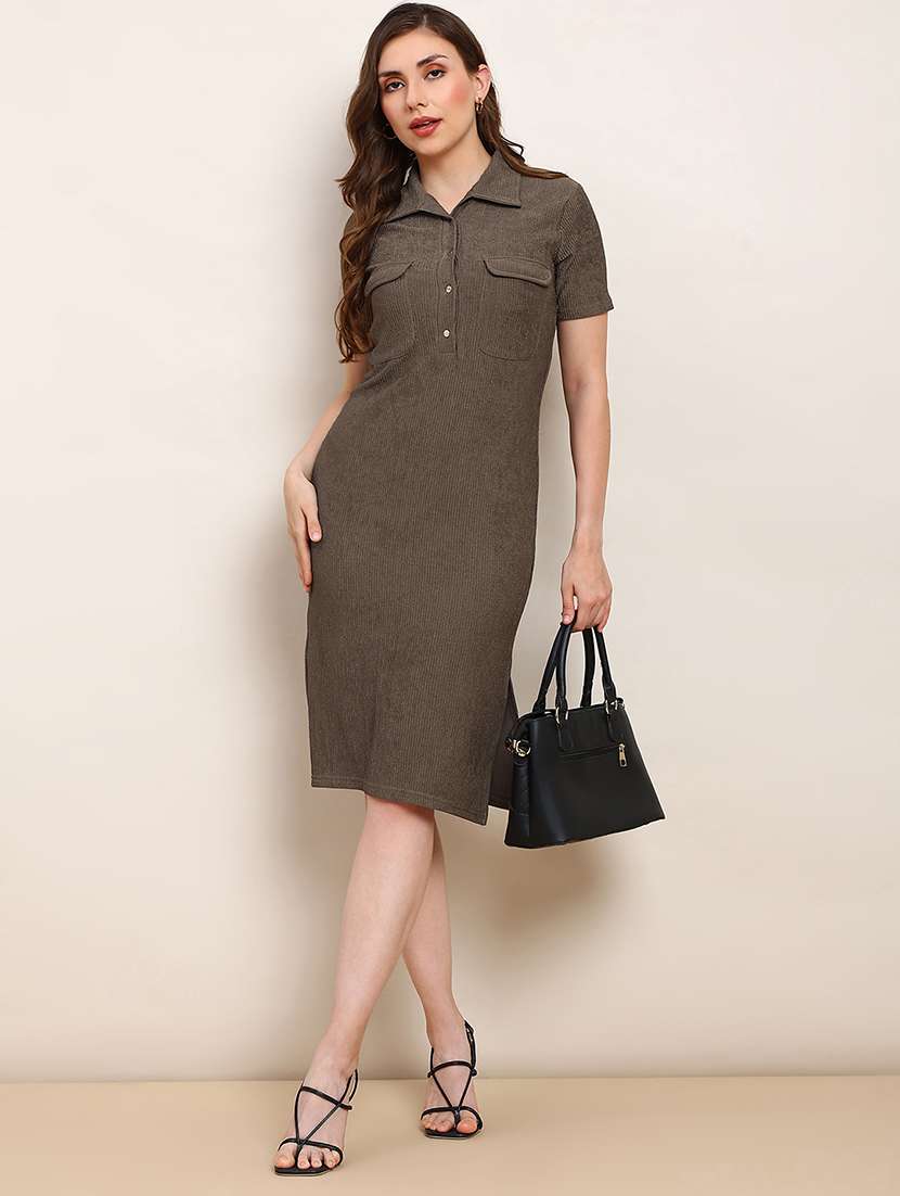 women solid short sleeve collared sheath dress