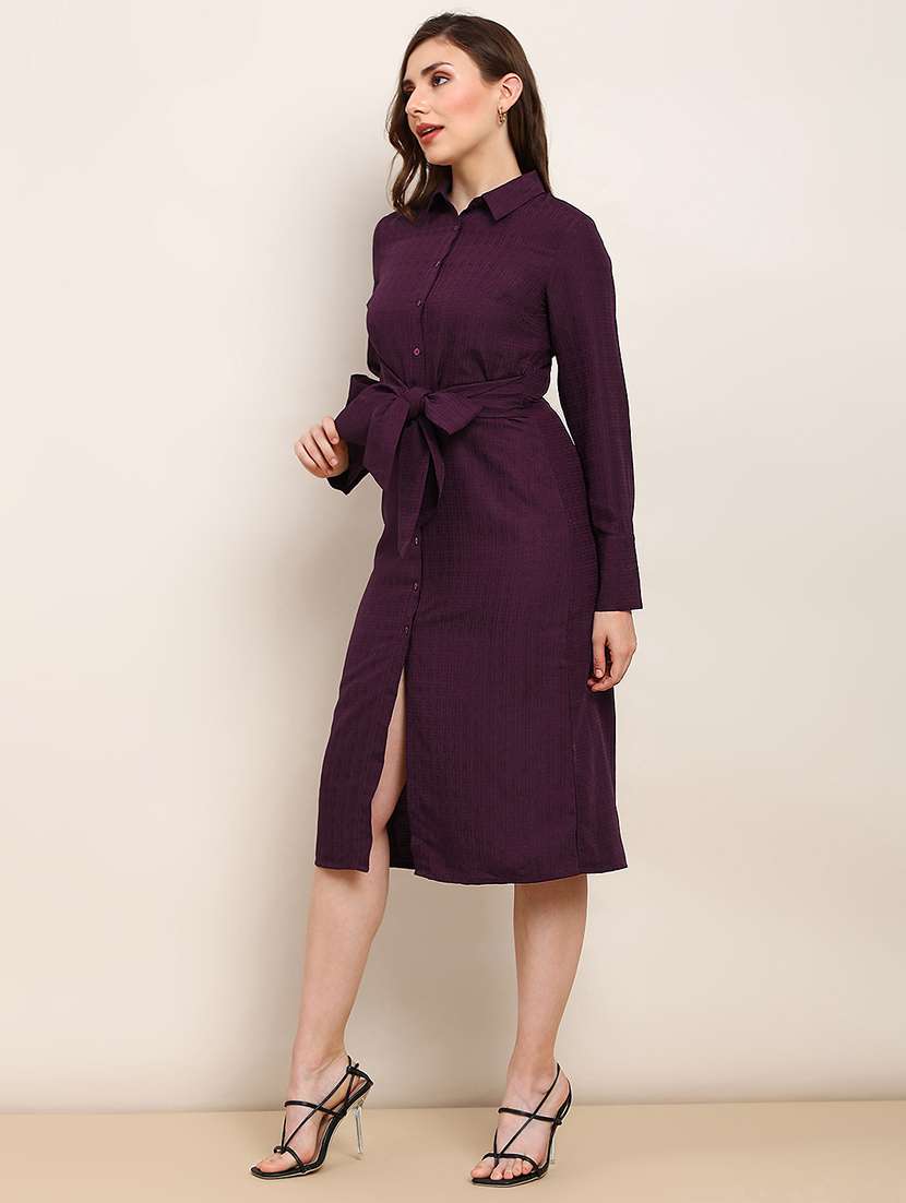 globus women burgundy collared neck cuffed sleeves self design waist tie-ups midi workwear shirt style dress - 22182203 -  Standard Image - 1