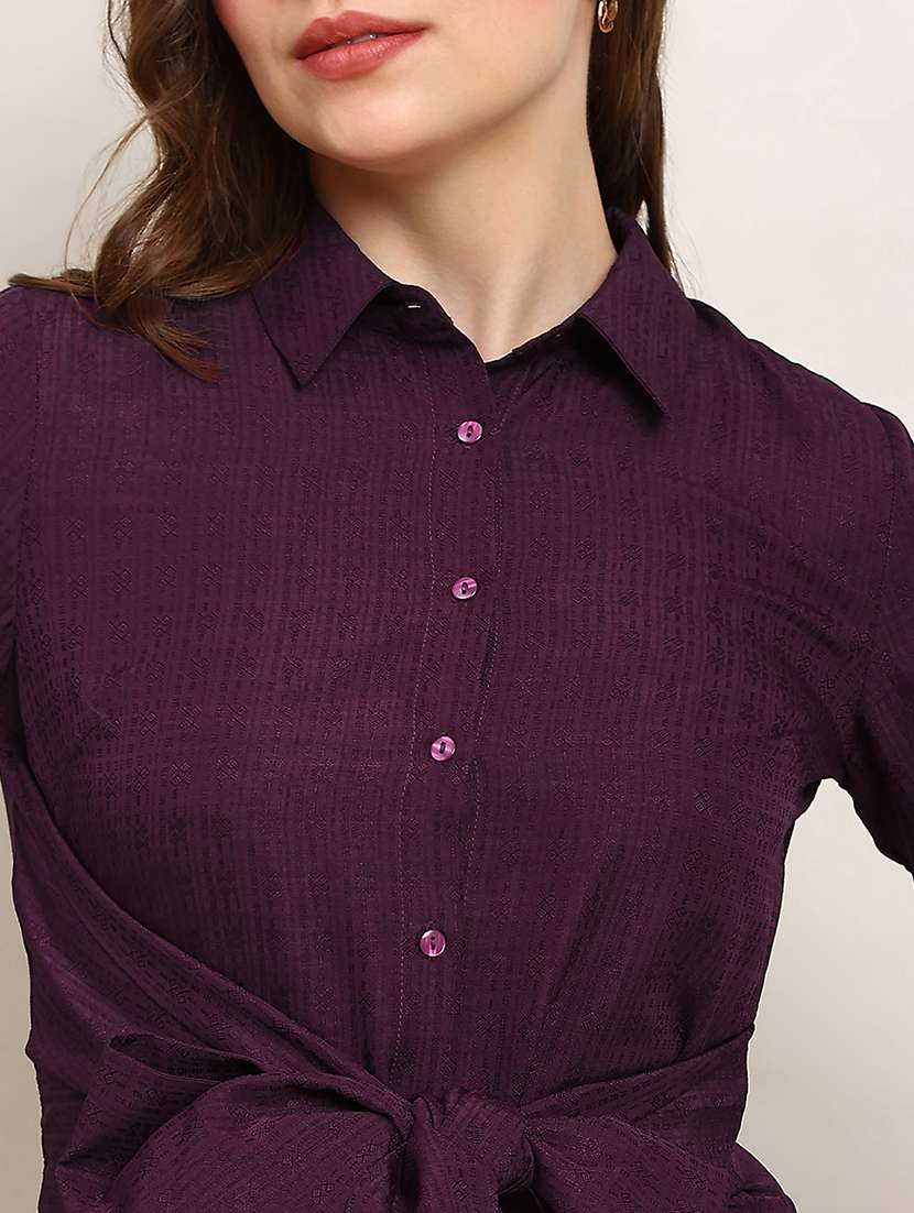 globus women burgundy collared neck cuffed sleeves self design waist tie-ups midi workwear shirt style dress - 22182203 -  Standard Image - 4