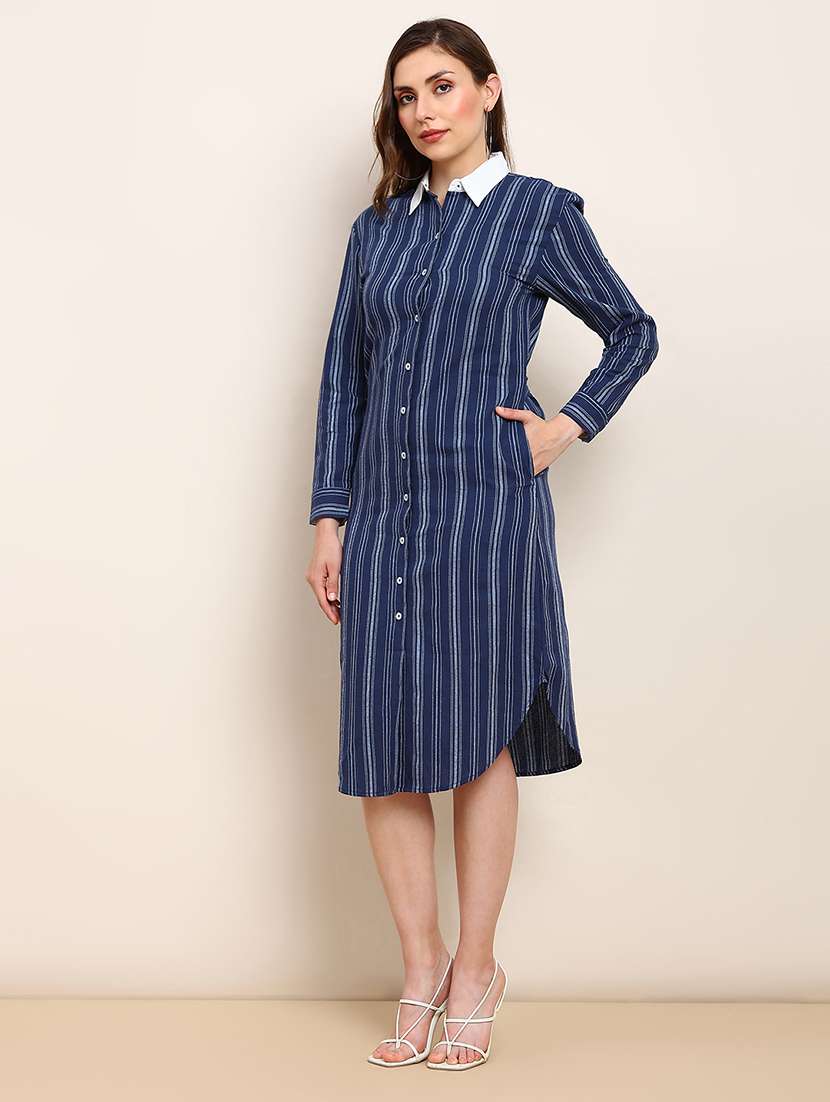 globus women blue & white striped print collared neck cuffed sleeves curved hem shirt style midi workwear dress - 22182204 -  Standard Image - 1