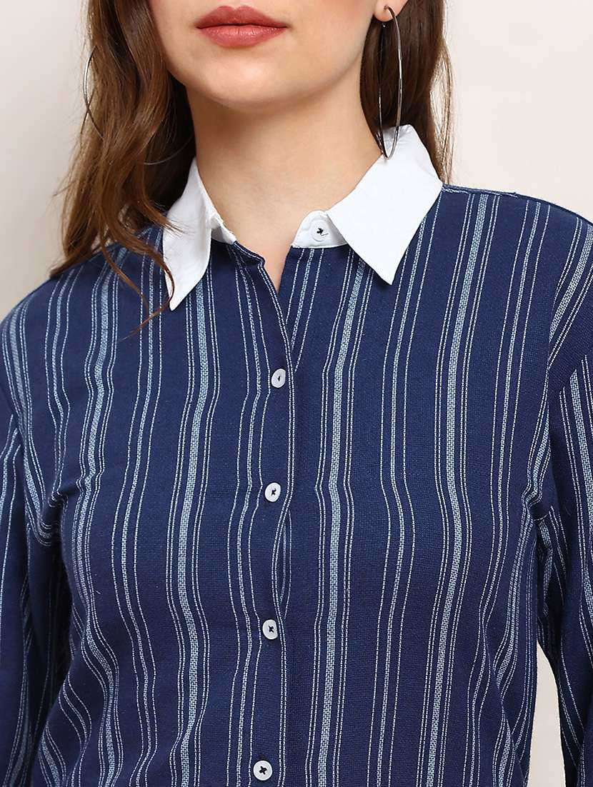 globus women blue & white striped print collared neck cuffed sleeves curved hem shirt style midi workwear dress - 22182204 -  Standard Image - 4