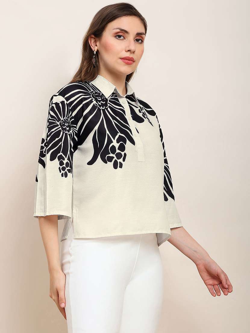 globus women off white collared neck floral shirt style party top - 22182205 -  Standard Image - 1