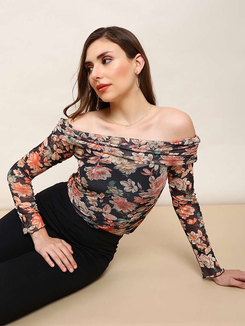 globus women black floral off shoulder long sleeve ruched party top  - 22182206 -  Standard Image - 1