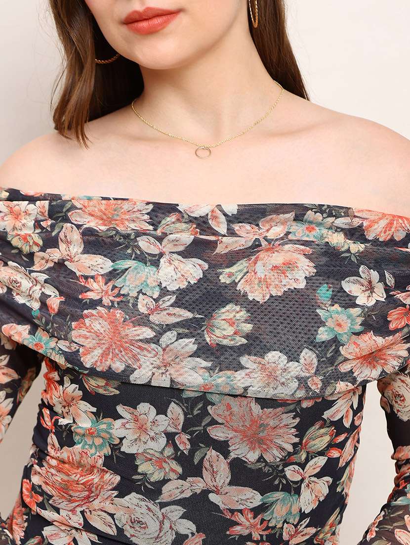 globus women black floral off shoulder long sleeve ruched party top  - 22182206 -  Standard Image - 4