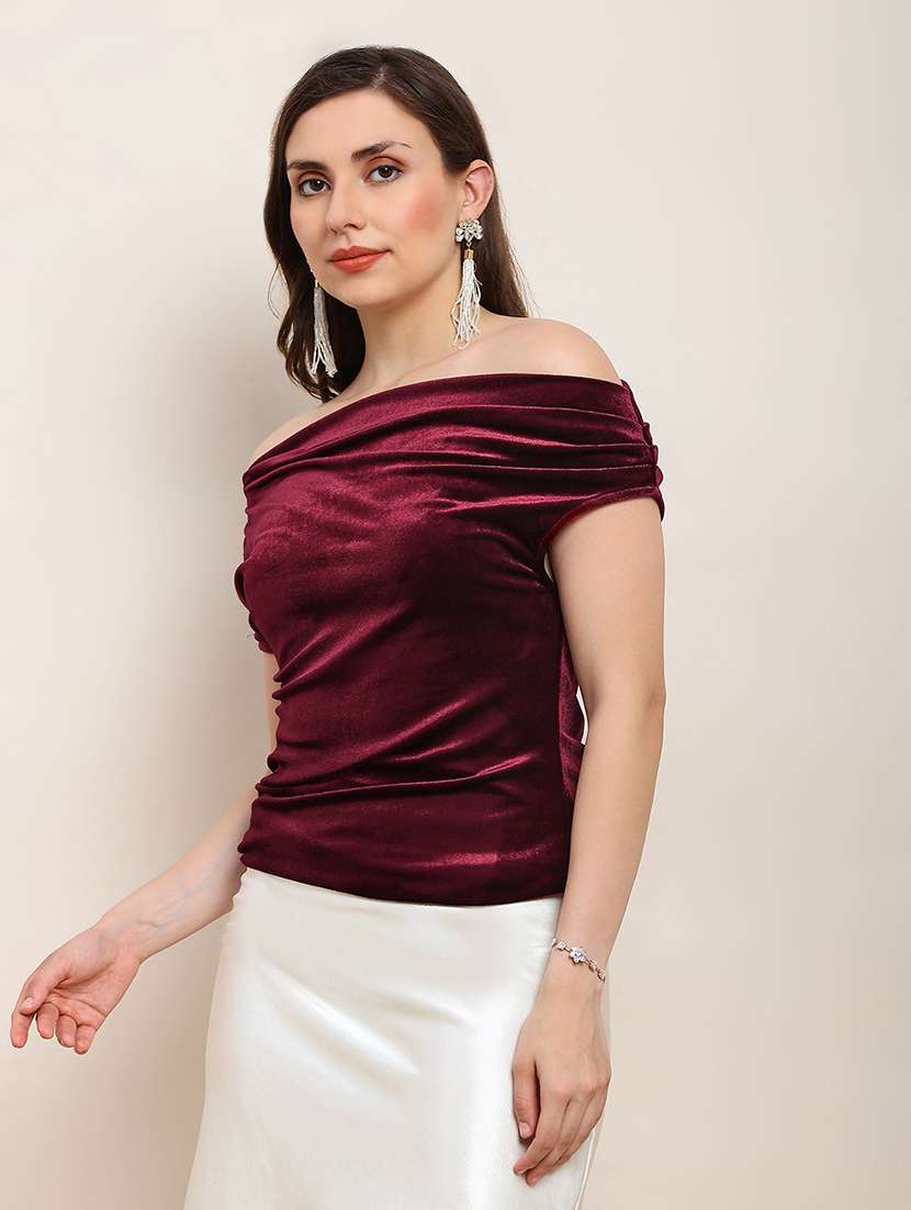 globus women maroon one shoulder gathered detail velvet party top - 22182211 -  Standard Image - 1