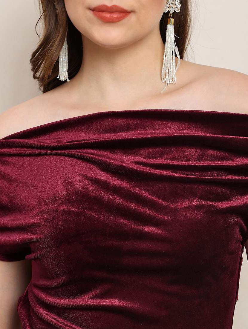 globus women maroon one shoulder gathered detail velvet party top - 22182211 -  Standard Image - 4