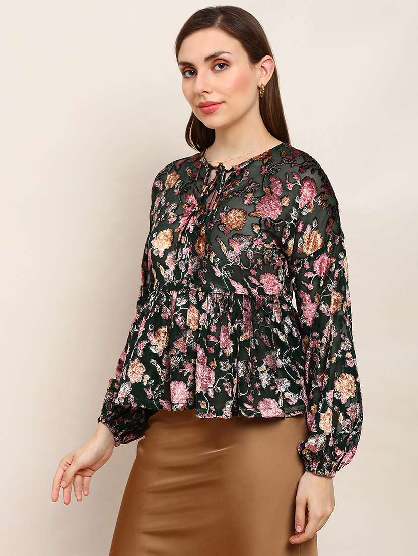globus women green floral self design tie-up neck bishop sleeves peplum party top - 22182213 -  Standard Image - 1
