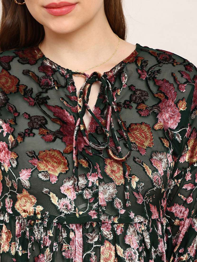 globus women green floral self design tie-up neck bishop sleeves peplum party top - 22182213 -  Standard Image - 4