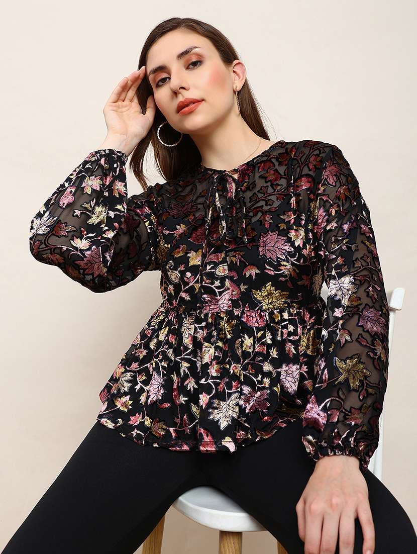 globus women black floral self design tie-up neck bishop sleeves peplum party top - 22182214 -  Standard Image - 1