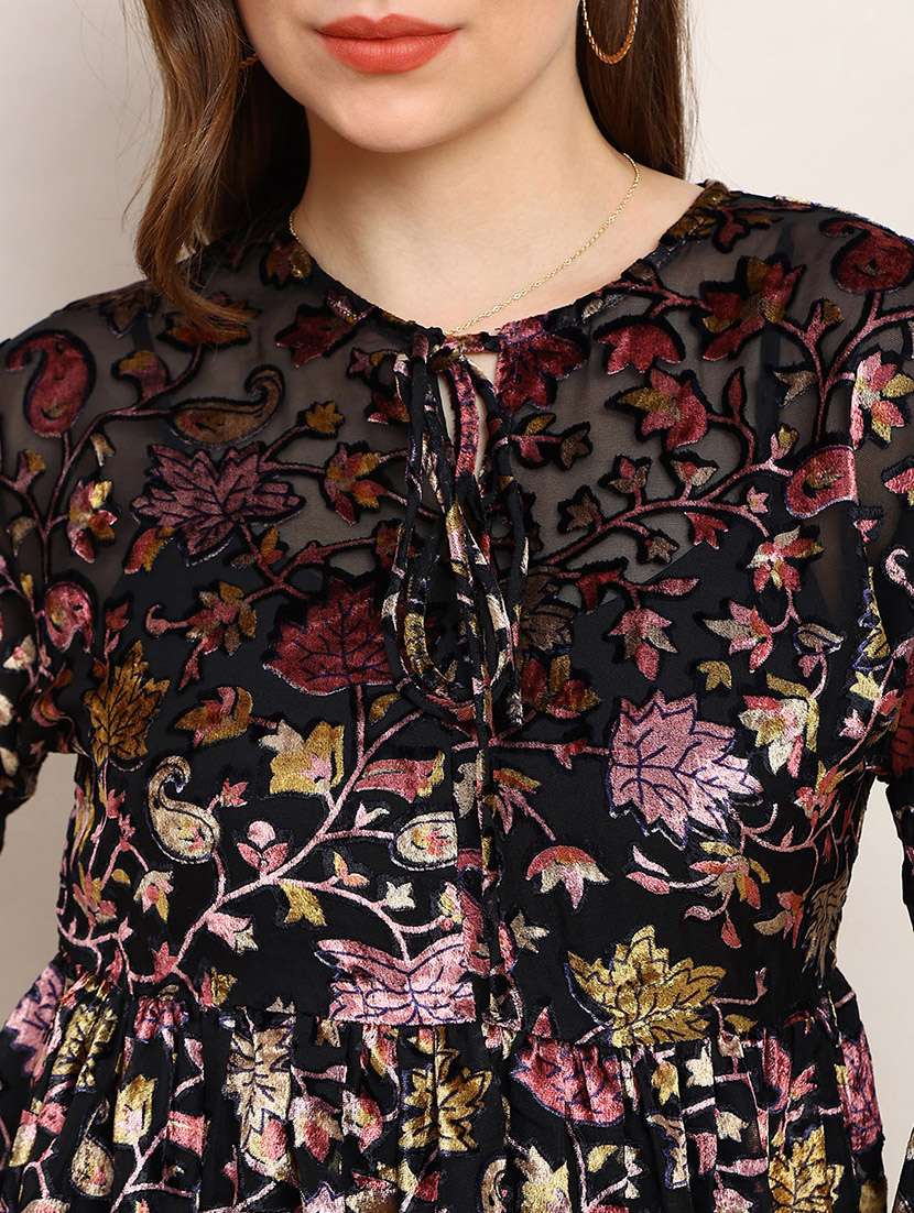 globus women black floral self design tie-up neck bishop sleeves peplum party top - 22182214 -  Standard Image - 4