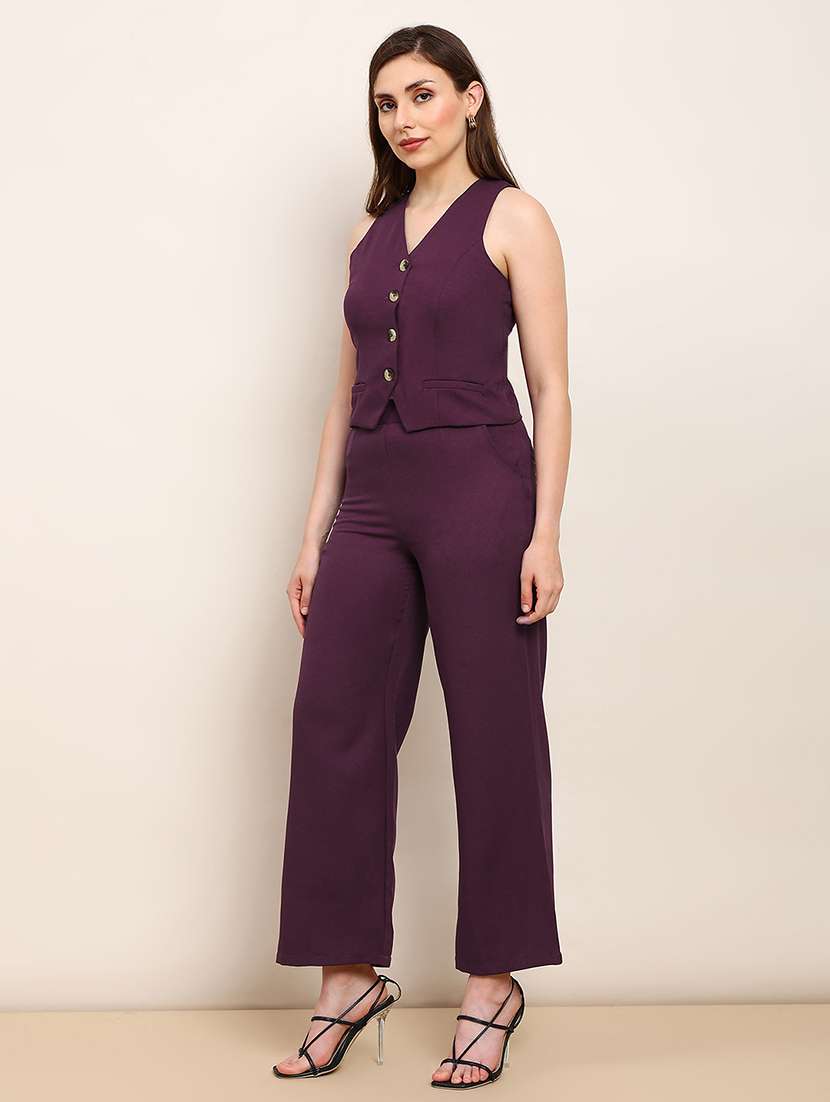 globus women burgundy v-neck solid front pocket detail waistcoat with trousers workwear co-ord set - 22182215 -  Standard Image - 1