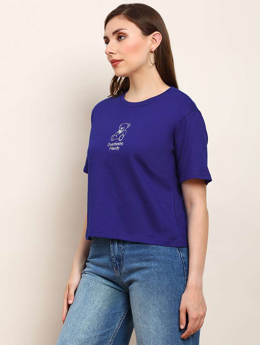 globus women blue round neck drop shoulder sleeves graphic print boxy fit crop t-shirt - 22182216 -  Standard Image - 1