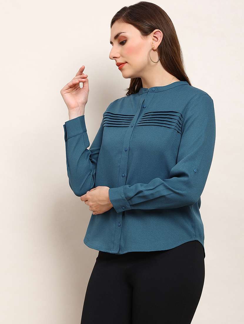 globus women teal mandarin collar cuffed sleeves solid curved hem pleated workwear shirt - 22182220 -  Standard Image - 1
