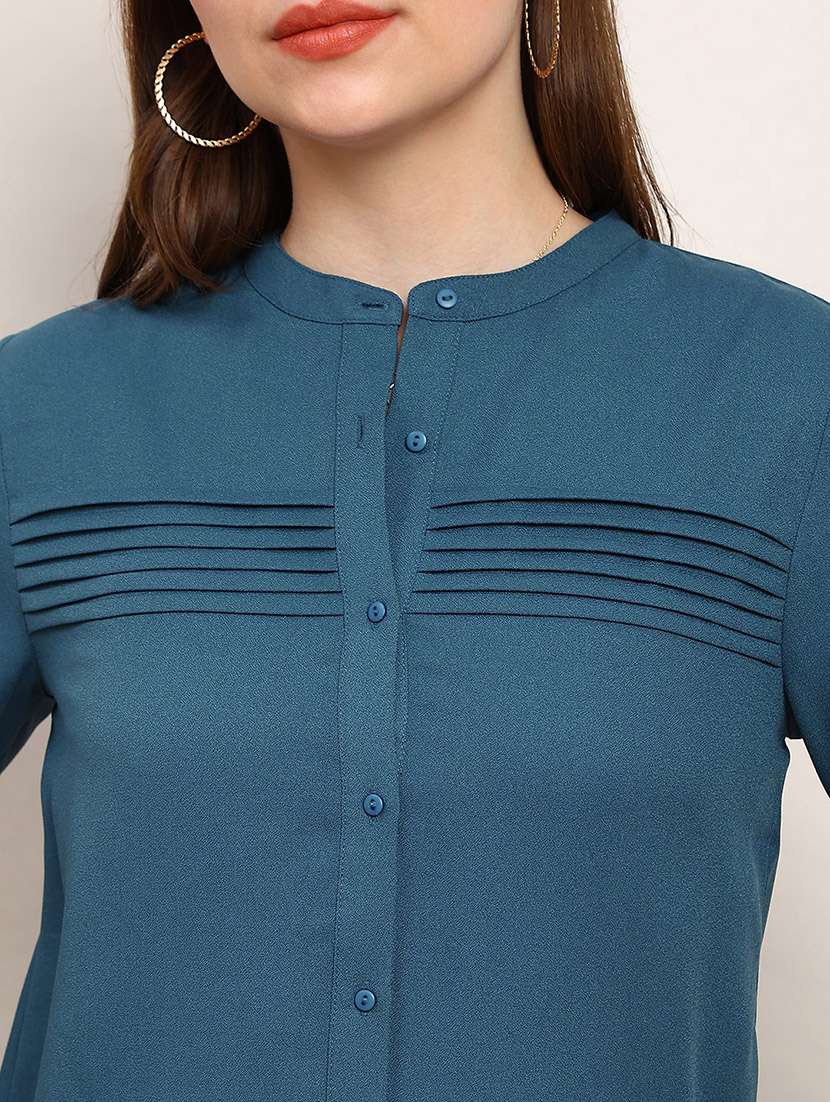 globus women teal mandarin collar cuffed sleeves solid curved hem pleated workwear shirt - 22182220 -  Standard Image - 4