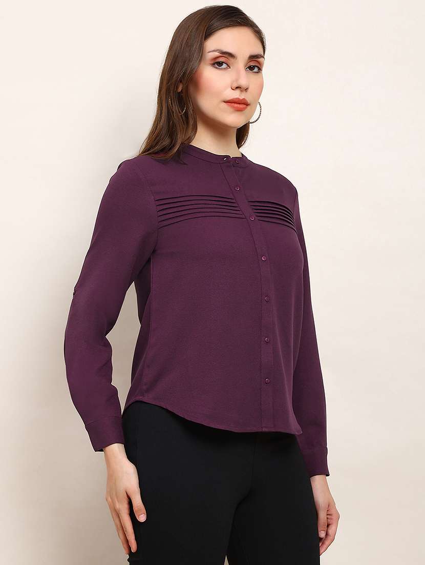 globus women purple mandarin collar cuffed sleeves solid curved hem pleated workwear shirt - 22182221 -  Standard Image - 1