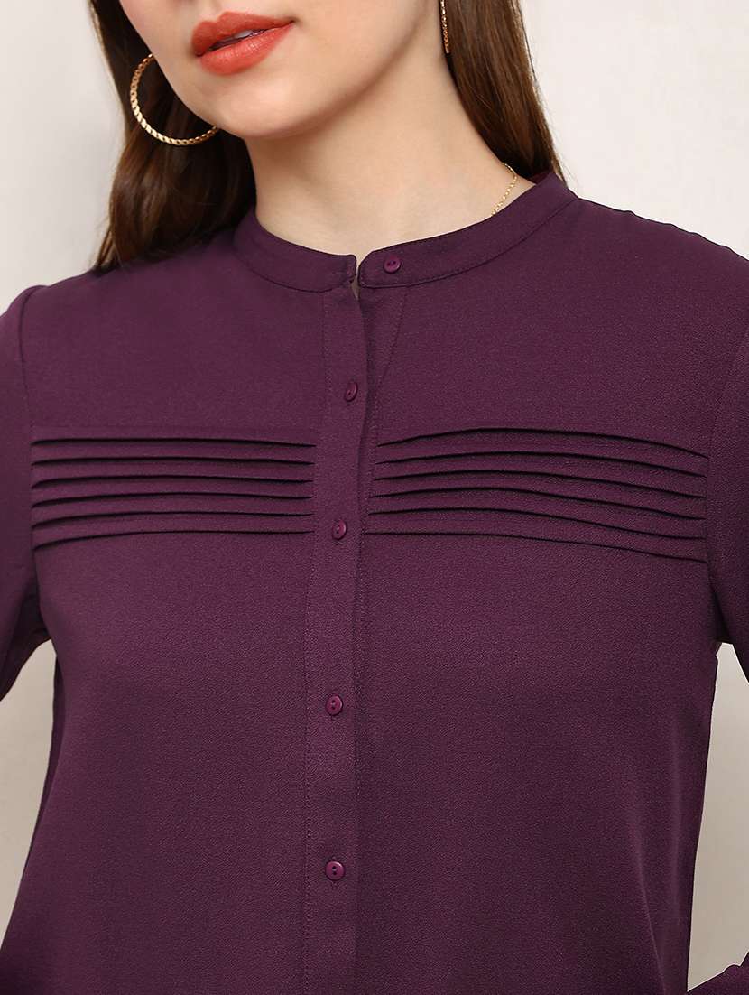 globus women purple mandarin collar cuffed sleeves solid curved hem pleated workwear shirt - 22182221 -  Standard Image - 4