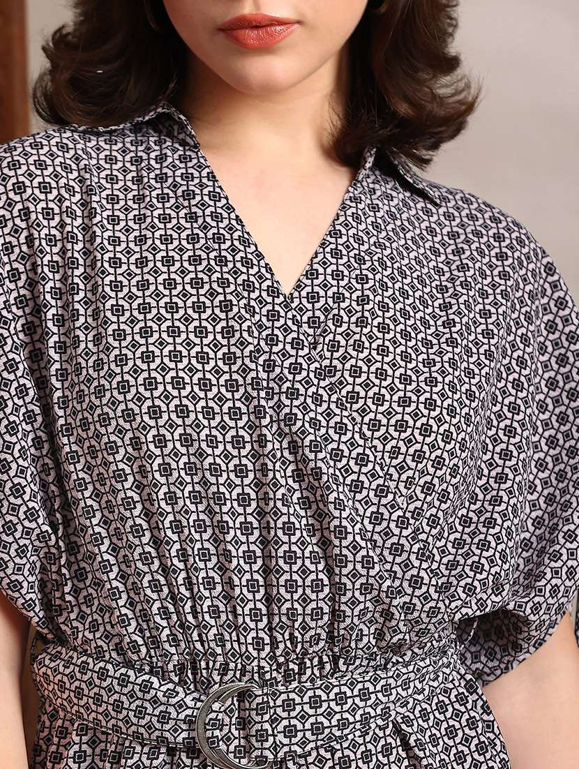 globus women black geometric print collared neck ruched extended sleeves belted long line jumpsuit - 22182223 -  Standard Image - 4