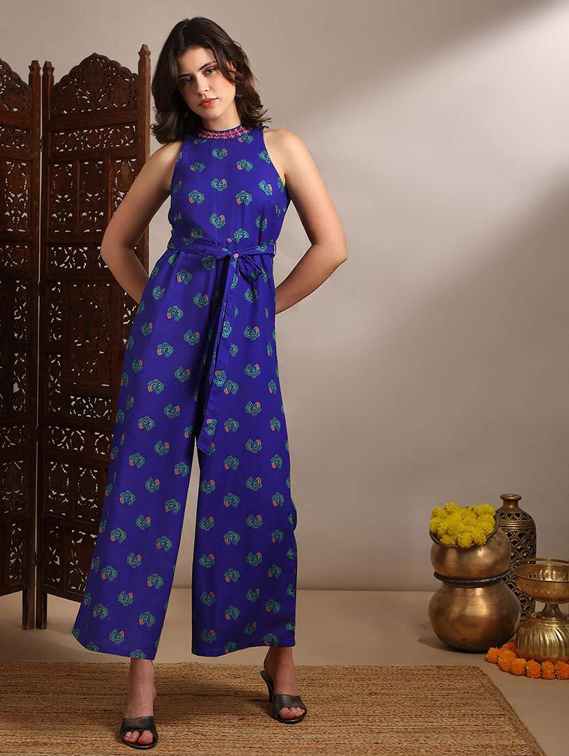 globus women blue halter neck embroidered detail tribal print belted wide flared fusion jumpsuit - 22182224 -  Standard Image - 1