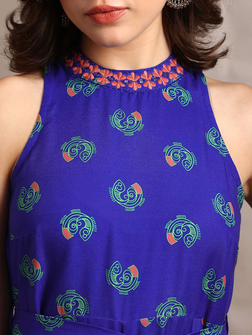 globus women blue halter neck embroidered detail tribal print belted wide flared fusion jumpsuit - 22182224 -  Standard Image - 4