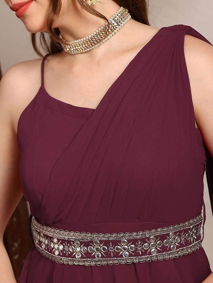 globus women maroon georgette strappy shoulder fit & flare maxi festive draped dress with embroidered belt - 22182226 -  Standard Image - 4