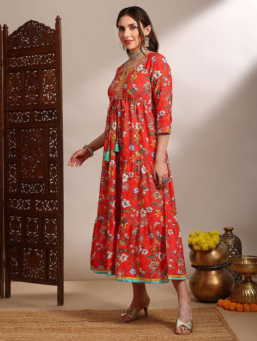 globus women red allover floral print round v-neck embroidered & mirror work waist tie-ups tiered fit & flare midi festive dress - 22182227 -  Standard Image - 1