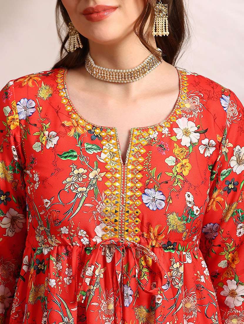 globus women red allover floral print round v-neck embroidered & mirror work waist tie-ups tiered fit & flare midi festive dress - 22182227 -  Standard Image - 4