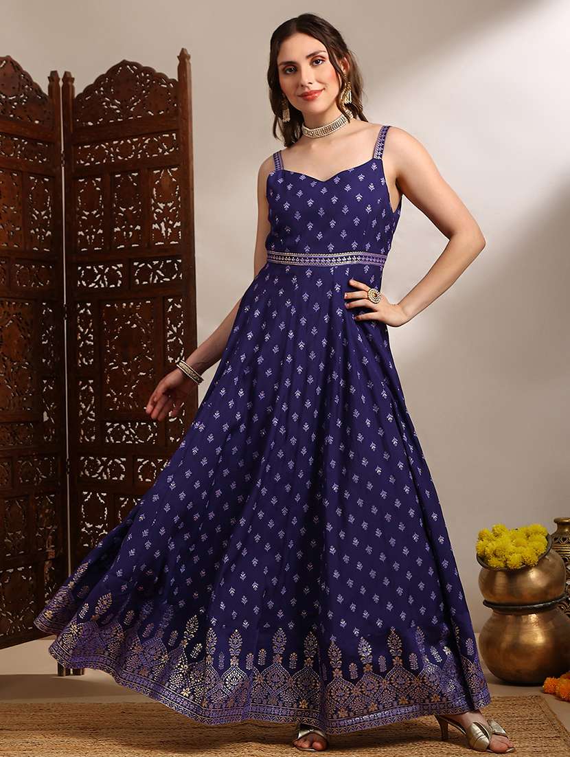 globus women purple ethnic & gold foil print sweetheart neck shoulder strap fit and flare maxi dress