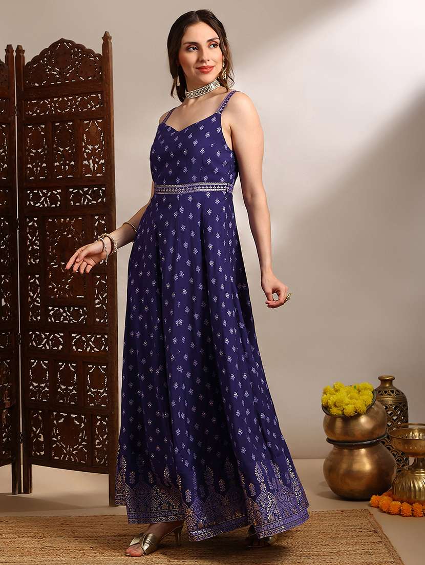 globus women purple ethnic & gold foil print sweetheart neck shoulder strap fit and flare maxi dress - 22182228 -  Standard Image - 1