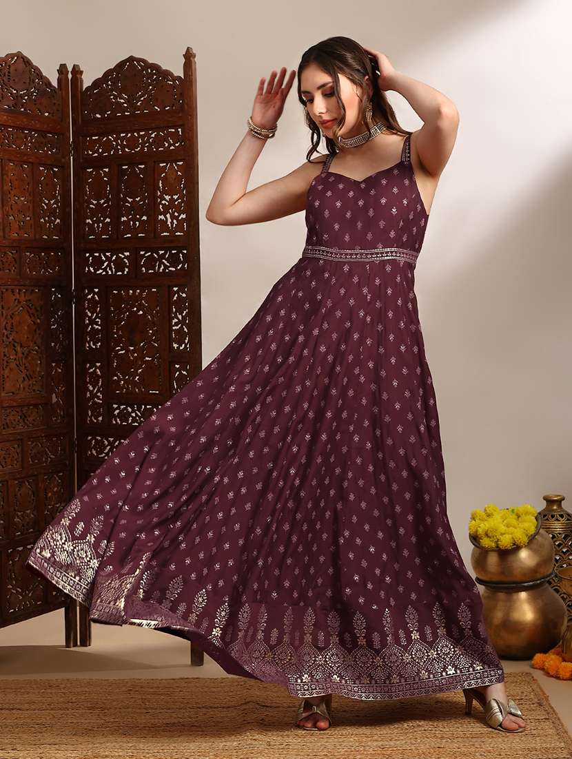 globus women maroon ethnic & gold foil print sweetheart neck shoulder strap fit and flare maxi dress - 22182229 -  Standard Image - 1