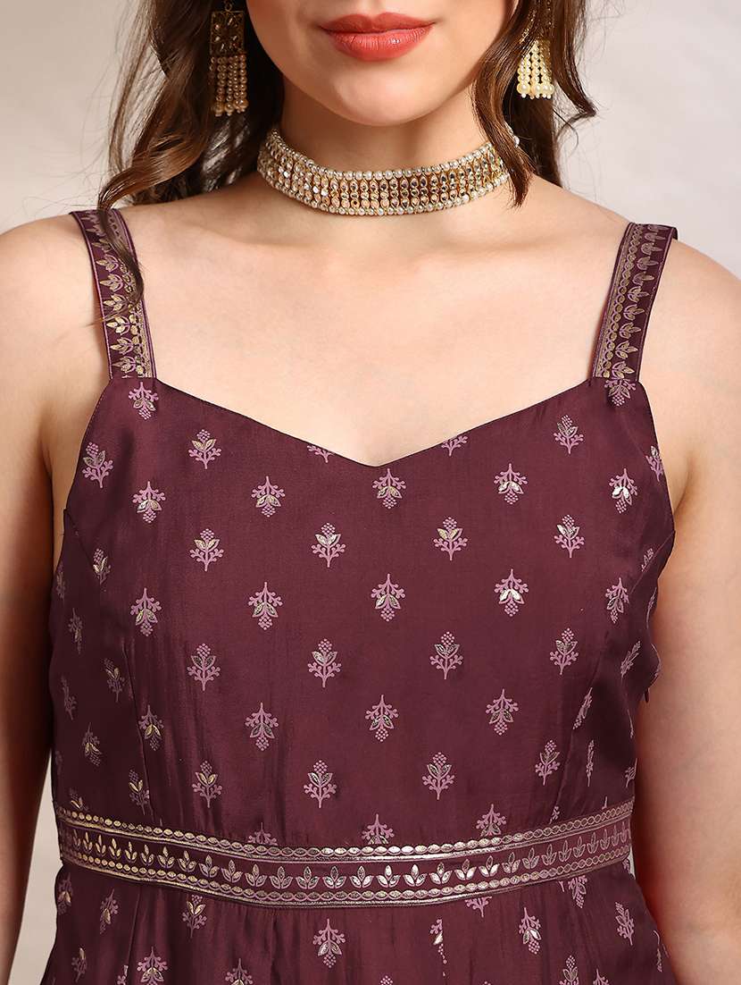 globus women maroon ethnic & gold foil print sweetheart neck shoulder strap fit and flare maxi dress - 22182229 -  Standard Image - 4