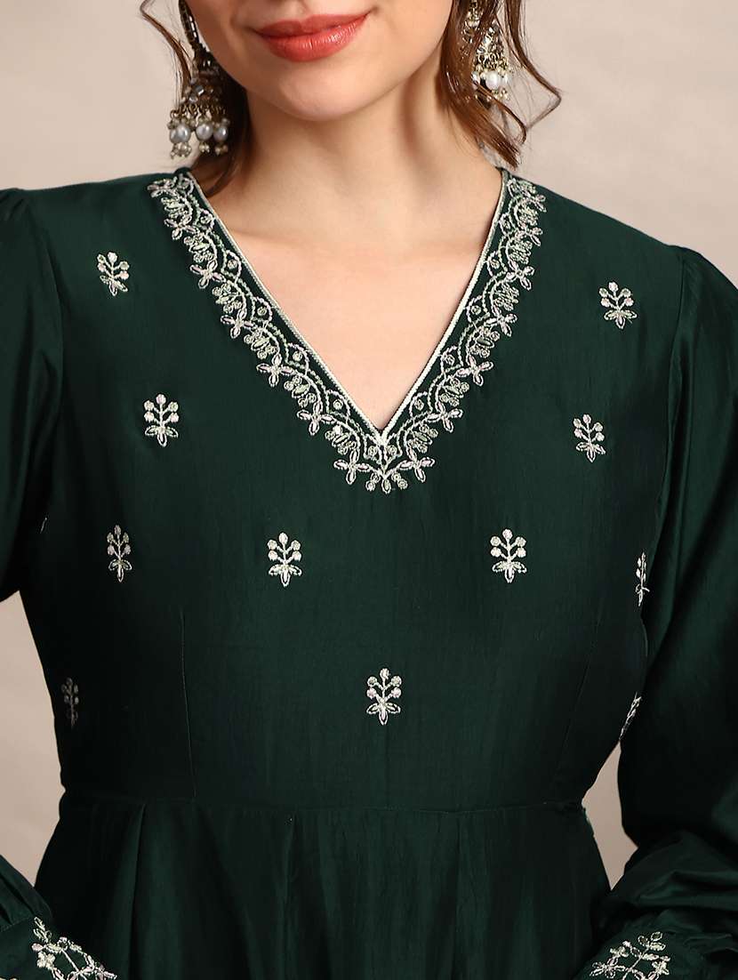 globus women green embroidered v-neck puff sleeves tiered a-line maxi dress with belt & dupatta set - 22182230 -  Standard Image - 4