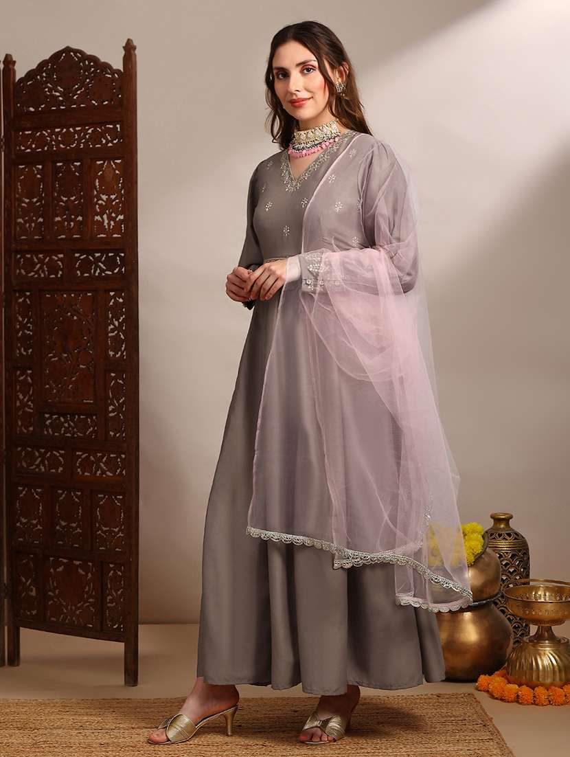 globus women grey embroidered v-neck puff sleeves tiered a-line maxi dress with belt & dupatta set