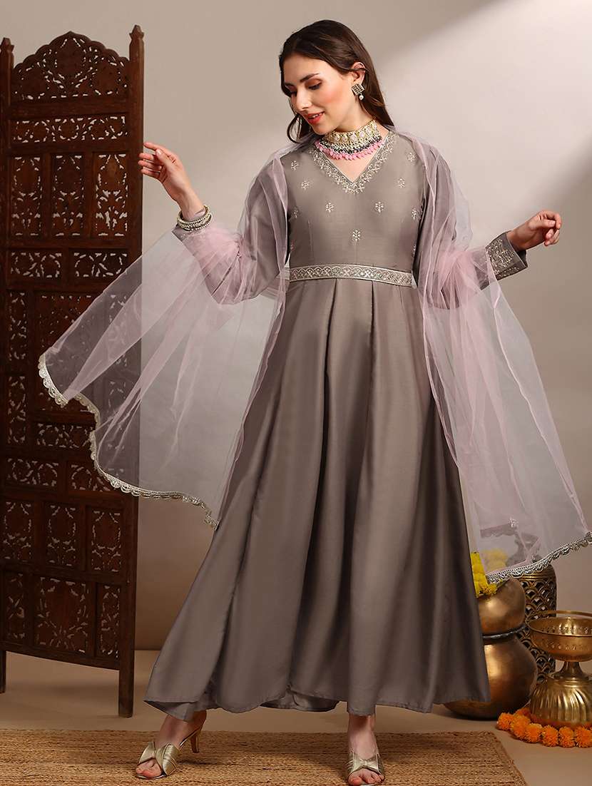 women solid with work long sleeve kurta dupatta set - 22182231 -  Standard Image - 1