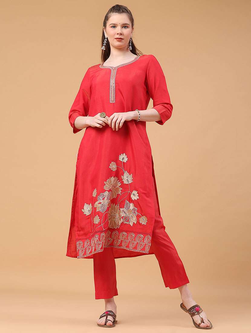 women solid with work three quarter sleeve kurta pant with dupatta set - 22182292 -  Standard Image - 1
