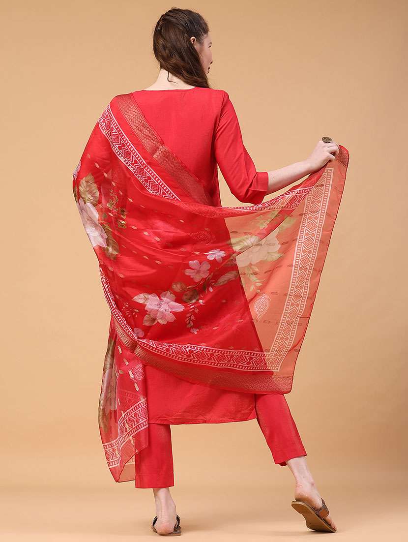 women solid with work three quarter sleeve kurta pant with dupatta set - 22182292 -  Standard Image - 4