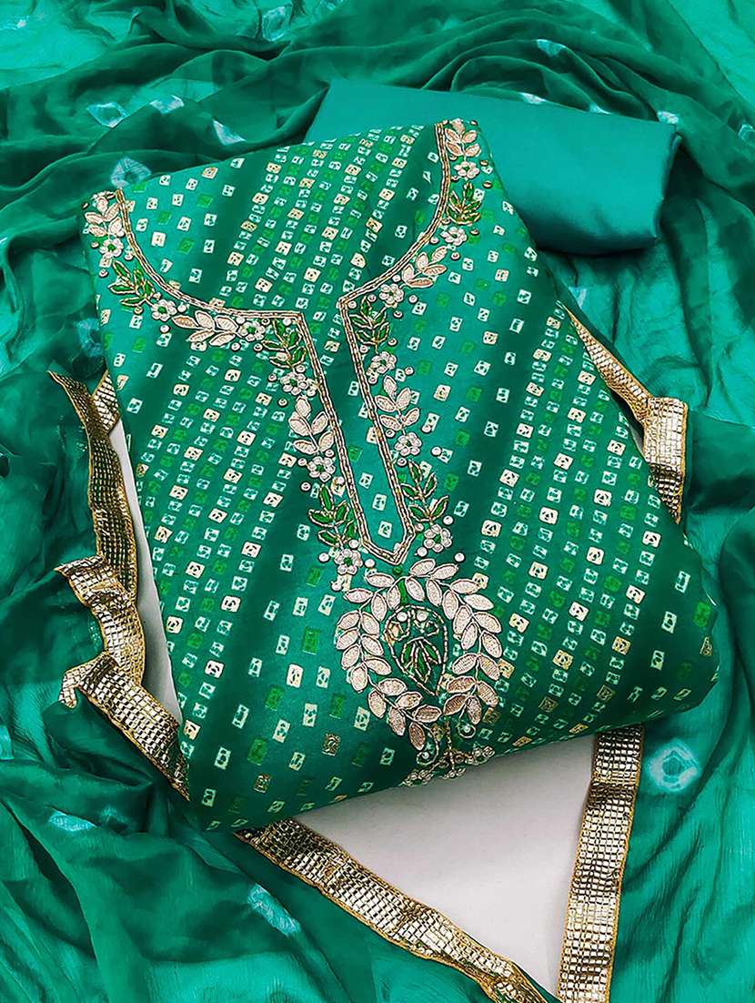 women bandhani printed embroidered unstitched suit set
